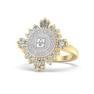 310 Glory Mizzou Class Ring | Gold ring with diamond accents featuring the University of Missouri logo on a white background