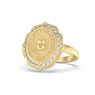 312 Grace Mizzou Class Ring | Gold ring with University of Missouri emblem and diamonds on a white background