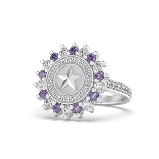 University of Mary Hardin-Baylor 245 Prestige class ring in platinum silver with purple and clear stones – San Jose Jewelers