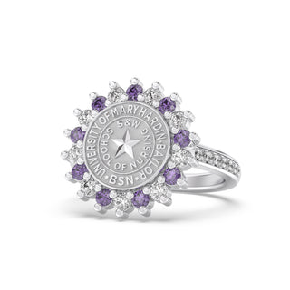 Alternate view of UMHB 245 Prestige platinum silver class ring with purple and clear stones – San Jose Jewelers