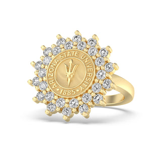 Arizona State Class Ring | ASU |Gold ring with Arizona State University emblem and diamond accents on a white background