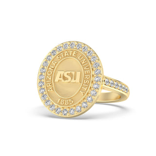 ASU Class Ring | San Jose Jewelers Arizona State Graduation Ring | Gold ring with Arizona State University logo and diamonds on a white background