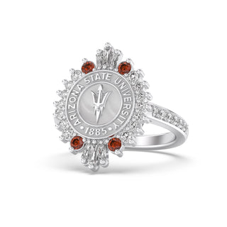 ASU Class Ring | San Jose Jewelers Arizona State Graduation Ring | Silver ring with Arizona State University emblem and red gemstones on a white background