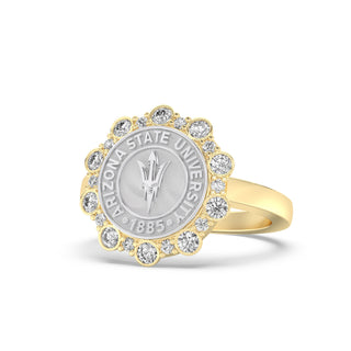 ASU Class Ring | San Jose Jewelers Arizona State Graduation Ring | Gold and silver ring with Arizona State University emblem on a white background