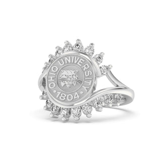 Ohio University Class Ring | San Jose Jewelers | Silver ring with Ohio University emblem and diamonds on a white background - Front View