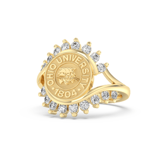 Ohio University Class Ring | San Jose Jewelers | Gold ring with Ohio University emblem and diamonds on a white background - Front view 