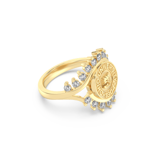 Ohio University Class Ring | San Jose Jewelers | Gold ring with Ohio University emblem and diamonds on a white background - Top View