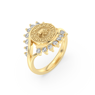 Ohio University Class Ring | San Jose Jewelers | Gold ring with Ohio University emblem and diamonds on a white background - Top View