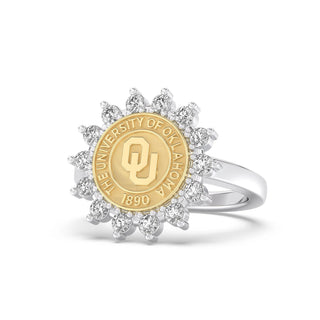 Customizable University of Oklahoma Class Ring | Gold ring with 'The University of Oklahoma' logo and diamond accents on a white background
