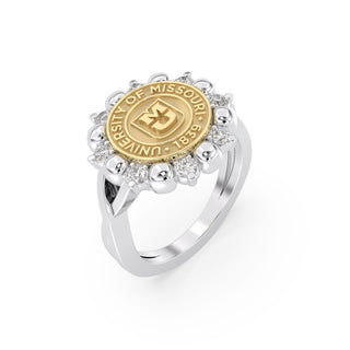 175 Success Mizzou Class Rings | Silver ring with a gold University of Missouri emblem on a white background