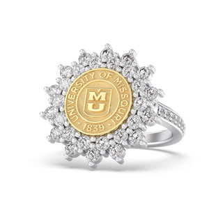 175 Success Mizzou Class Rings | Gold ring with 'University of Missouri' emblem and diamond accents on a white background