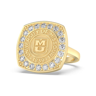 223 Victory Mizzou Class Ring | Gold ring with diamond accents featuring the University of Missouri seal on a white background