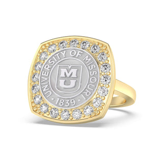 223 Victory Mizzou Class Ring | Gold ring with University of Missouri seal and diamonds on a white background