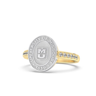 228 Vida Mizzou Class Ring | Silver ring with 'University of Missouri' engraving and gold band on a white background