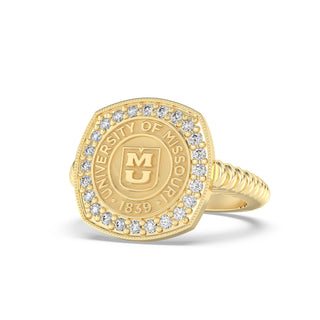 237 Luna Mizzou Class Ring | Gold ring with 'University of Missouri' emblem and diamonds on a white background
