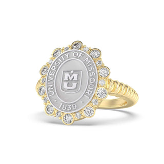 313 Blossom Mizzou Class Ring | Gold and silver ring with 'University of Missouri' emblem on a white background