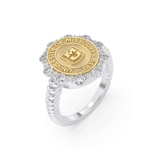 313 Blossom Mizzou Class Ring | Silver ring with a gold University of Missouri emblem on a white background