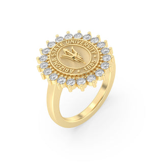 Arizona State Class Ring | ASU |Gold ring with diamond accents featuring Arizona State University emblem on a white background