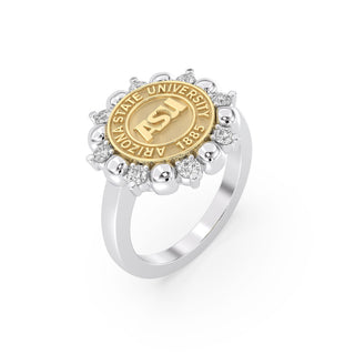ASU Class Ring | San Jose Jewelers Arizona State Graduation Ring | Ring with a gold emblem and silver band on a white background