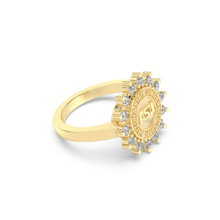 Arizona State Class Ring | ASU |Gold ring with diamond accents on a white background