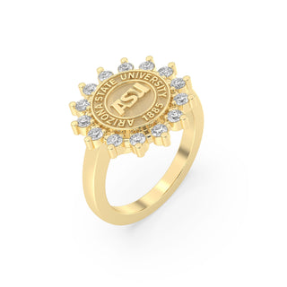 Arizona State Class Ring | ASU |Gold ring with a university emblem and diamonds on a white background