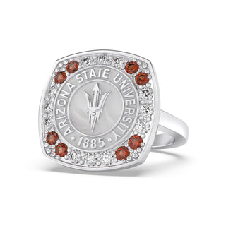 ASU Class Ring | San Jose Jewelers Arizona State Graduation Ring | Silver ring with a pitchfork emblem on a white background red stone in corners