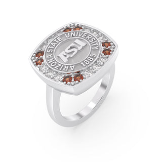 ASU Class Ring | San Jose Jewelers Arizona State Graduation Ring | Silver ring with a prominent emblem on a white background