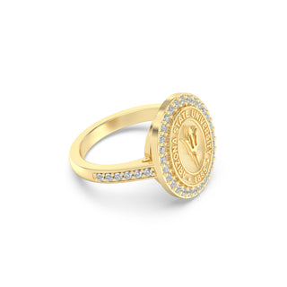 ASU Class Ring | San Jose Jewelers Arizona State Graduation Ring | Gold ring with a circular design on a white background