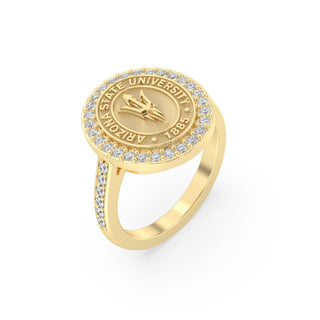 ASU Class Ring | San Jose Jewelers Arizona State Graduation Ring | Gold ring with diamond accents featuring Arizona State University emblem on a white background