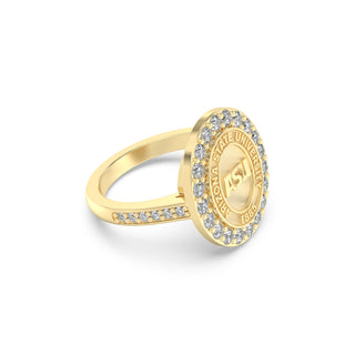 ASU Class Ring | San Jose Jewelers Arizona State Graduation Ring | Gold ring with diamond accents on a white background
