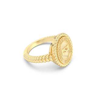 ASU Class Ring | San Jose Jewelers Arizona State Graduation Ring | Gold ring with a circular design on a white background
