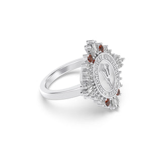 ASU Class Ring | San Jose Jewelers Arizona State Graduation Ring | Silver ring with gemstones on a white background