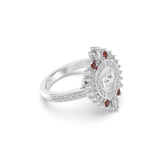 ASU Class Ring | San Jose Jewelers Arizona State Graduation Ring | Silver ring with gemstones on a white background
