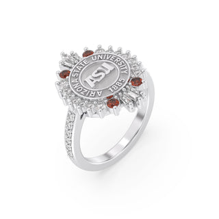 ASU Class Ring | San Jose Jewelers Arizona State Graduation Ring | Silver ring with Arizona State University emblem and red gemstones on a white background