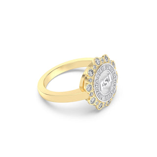 ASU Class Ring | San Jose Jewelers Arizona State Graduation Ring | Gold ring with a circular emblem and diamonds on a white background