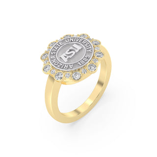 ASU Class Ring | San Jose Jewelers Arizona State Graduation Ring | Gold ring with a silver emblem featuring a logo and text on a white background