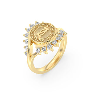 ASU Class Ring | Arizona State Graduation Ring |Gold ring with a university emblem and diamond accents on a white background