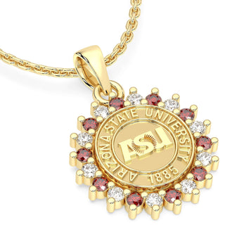 245 Prestige ASU Necklace | Arizona State University with halo stones and gold chain.