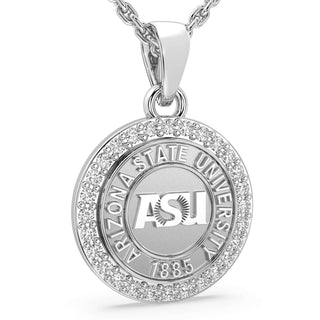 ASU Necklace | Custom Arizona State Graduation Pendant | Silver pendant with Arizona State University logo and text on a white background