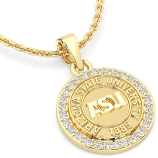 ASU Necklace | Custom Arizona State Graduation Pendant | Gold pendant with 'Arizona State University' text and 'ASU' initials on a white background