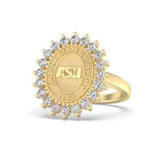 Arizona State Class Ring | ASU |Gold ring with the Arizona State University emblem and diamonds on a white background