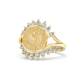 ASU Class Ring | Arizona State Graduation Ring |Gold ring with Arizona State University emblem and diamonds on a white background