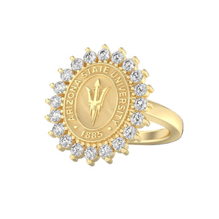 ASU Class Ring | Arizona State Graduation Ring |Gold ring with Arizona State University emblem and diamonds on a black background