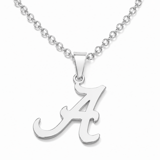 A silver initial pendant necklace featuring the Alabama Crimson Tide 'A' logo on a matching silver cable chain, shown against a plain white background.
