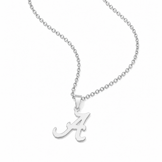 A silver chain necklace featuring a polished script letter 'A' pendant, displayed on a clean white background.