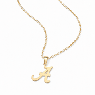 A gold chain necklace featuring a polished script letter 'A' pendant, displayed on a clean white background.