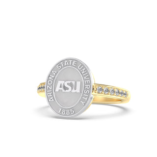 ASU Class Ring | Arizona State Graduation Ring | Silver ring with Arizona State University logo and gold band on a white background