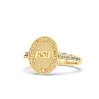 ASU Class Ring | Arizona State Graduation Ring | Gold ring with Arizona State University logo and 'ASU' initials on a white background