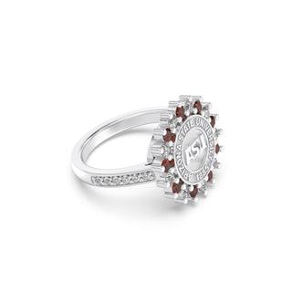 ASU Class Ring | Arizona State Graduation Ring | Silver ring with gemstones on a white background