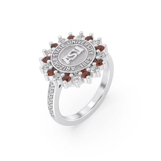 ASU Class Ring | Arizona State Graduation Ring | Silver ring with red and clear gemstones featuring a logo on a white background